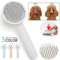 Pet grooming brush with before and after images of a dog, showing its effectiveness.