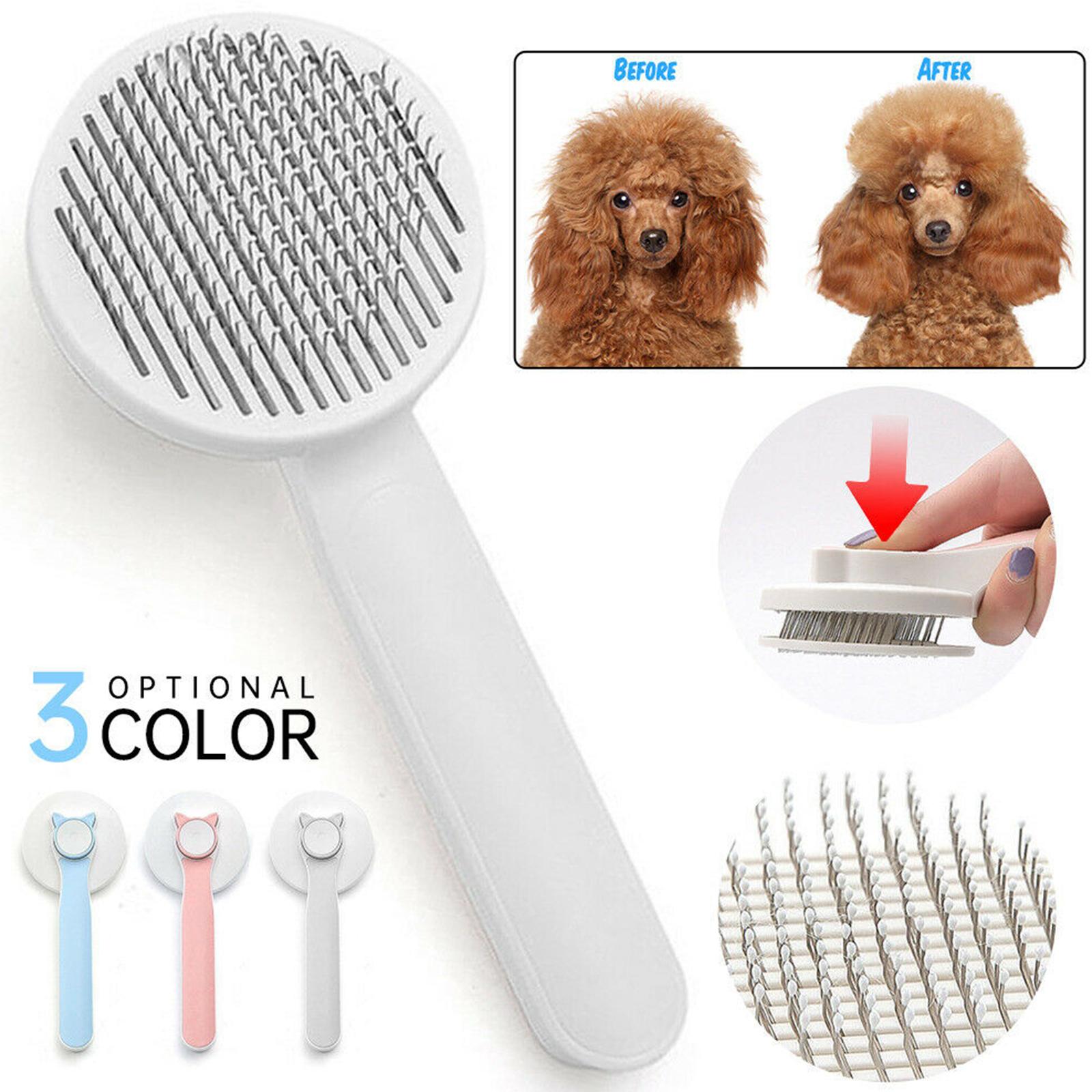 Pet grooming brush with before and after images of a dog, showing its effectiveness.