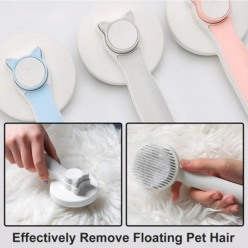 Pet grooming tools with a focus on removing pet hair, shown in use on a white surface.